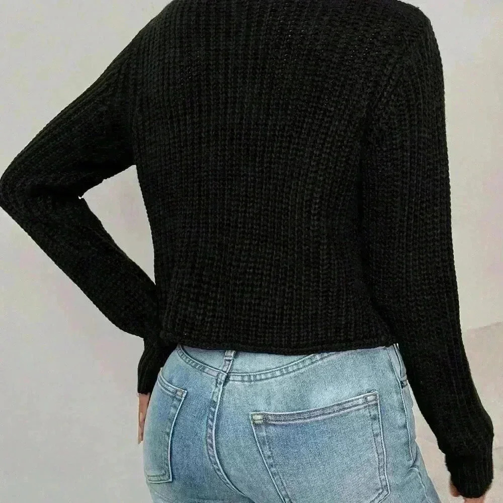 Black Casual Women's Crew Neck Front Button Up Long Sleeve Cardigan - Picture 2 of 5